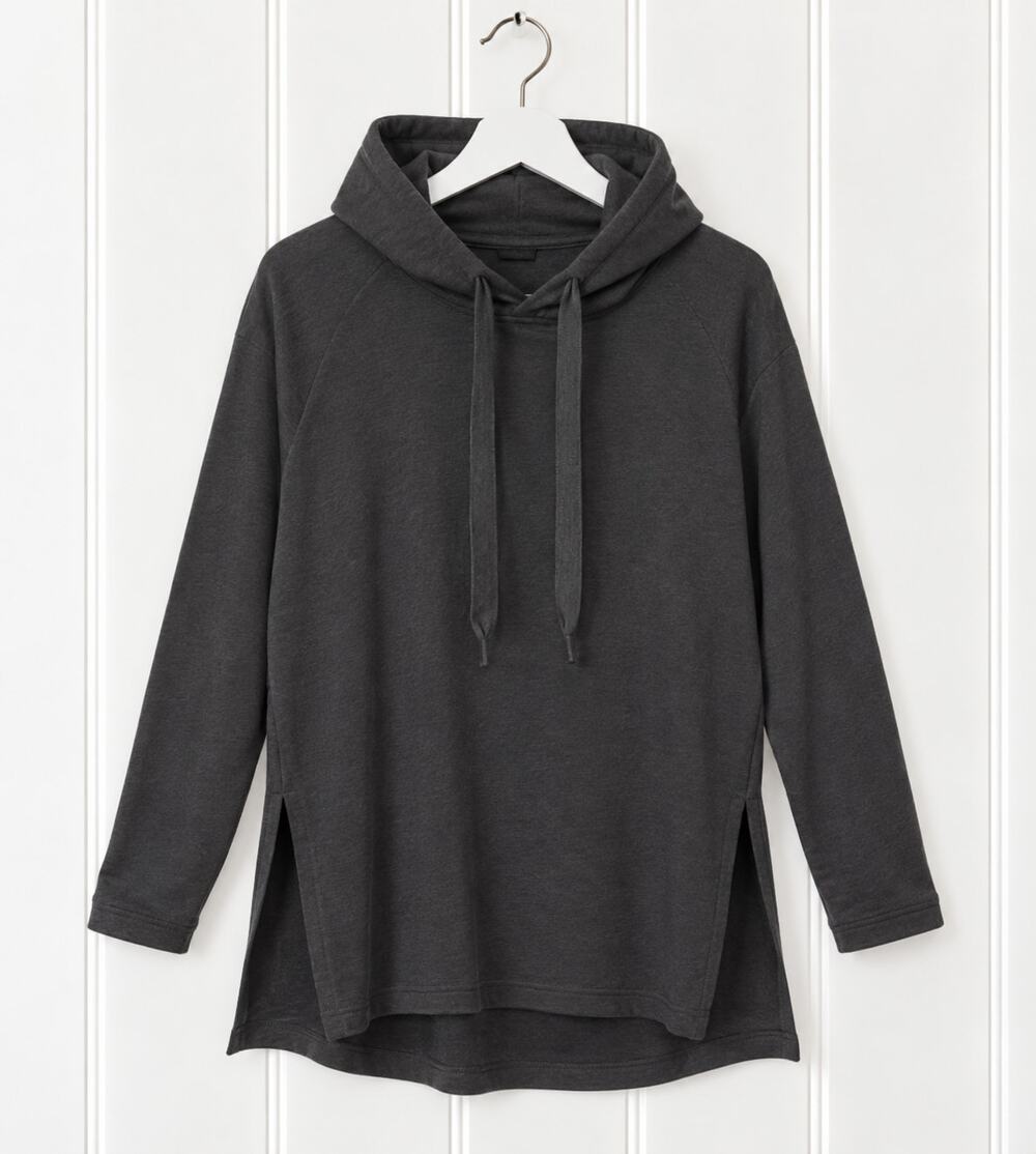 Athleta Sweatshirt XS Black Longline Hoodie Side Slit Drawstring Relaxed Fit